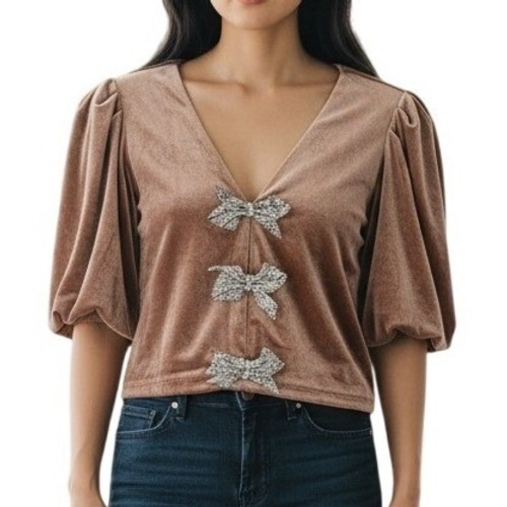MABLE Velvet Rhinestone Bow Crop Top Womens Large Mauve Puff‎ Sleeve Coquette